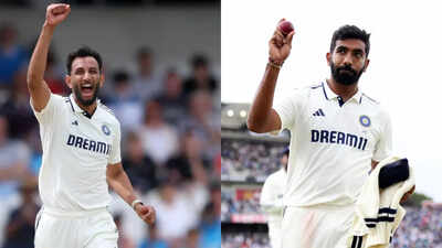 Prasidh Krishna and Jasprit Bumrah discuss strategy during a break in play