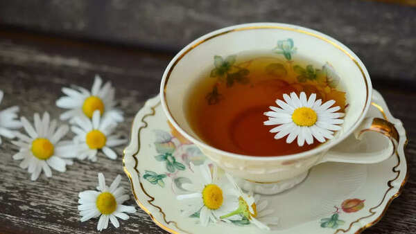 A cup of chamomile tea, known for its calming effect