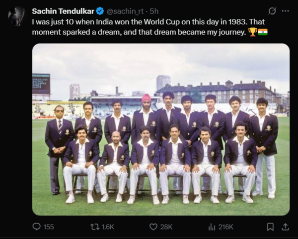 Sachin Tendulkar reflects on the life-changing 1983 World Cup victory